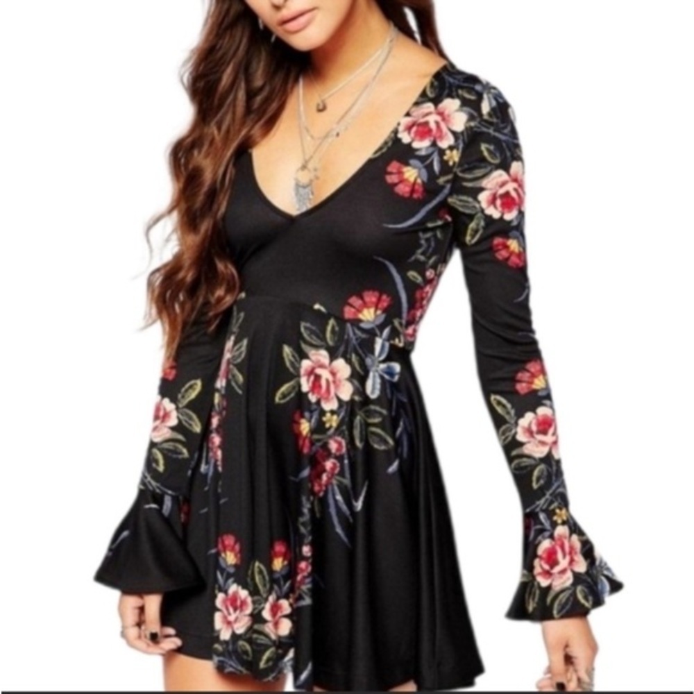 Free People Floral Date Night Mini Dress, Black, size S